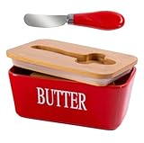 Large Ceramic Butter Dish with Bamboo Lid (Red)