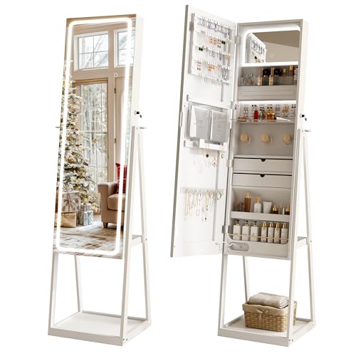 STARLEAD Specchio LED per Gioielli, Armadio Organizzatore da Terra, Lunghezza Intera, con Luce a 3 Colori Regolabile, Funzione Memoria, Fodera in Velluto, Ampio Spazio di Archiviazione, Bianco