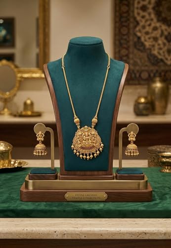 Image of Traditional Gold-Plated Lakshmi Temple Pendant Necklace Set for Women | Antique South Indian Jewelry with Jhumka Earrings | Ethnic Bridal, Wedding & Festive Jewelry Set