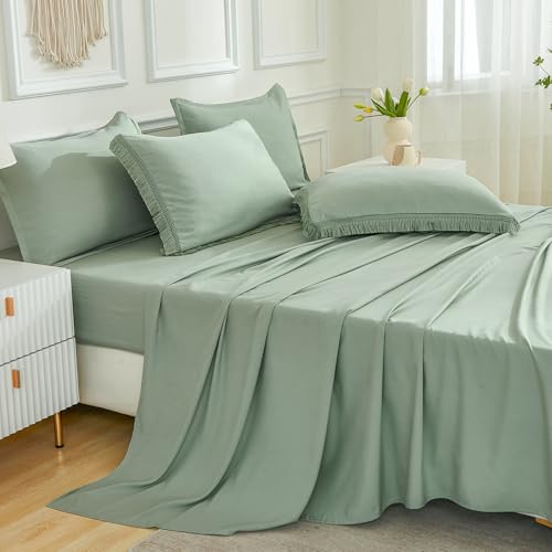 Image of Andency California King Size Comforter Set with Sheets Sage Green - 7 Pieces Cal King Bed in a Bag Boho Bedding Sets, Sage Green Bed Set with Comforter, Sheets, Pillowcases & Shams