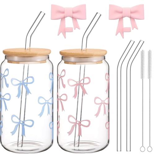 Exquilnova 16OZ Pink Bow Glass Cups with Lids and Straws, 2PCS 500ml Iced Coffee Tumblers with Cleaning Brushes, Cute Drinkware for Women and Girls