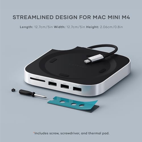SATECHI Mac Mini M4 Hub & Stand with NVMe SSD Enclosure, Dock with 2 USB-A 10Gbps, USB-A Data Port, SD Card Reader for Mac Mini M4, M4 Pro - Silver - 7
