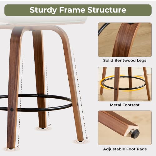 Image of Swivel Bar Stools Set of 1,26 inch Faux Leather Counter Height Barstools with Back,Mid Century Modern Upholstered Bar Chairs with Bentwood Legs Island Stools for Kitchen Counter Green