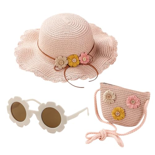 CWPFVQA 1 Sac De Paille pour Filles, 1 Chapeau De Soleil en Paille, 1 Paire De Lunettes De Soleil À Fleurs, Mini Sac À Bandoulière pour Enfants, Les Voyages Et Les Activités De Plein Air.