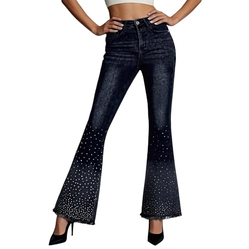 Jean évasé Y2K femme à taille haute et strass | Pantalon bootcut large à bords irréguliers