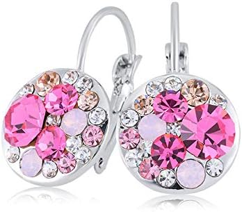 Women's Round Multicolor Austrian Crystals Leverback Dangle Hoop Earrings Rose Gold Plated, Choose Colors