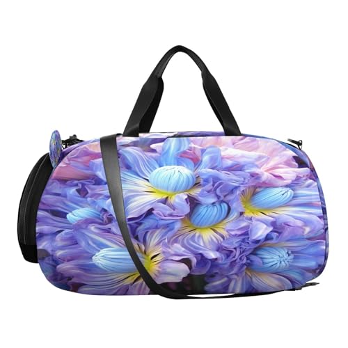 YETTASBIN Sport Travel Duffel Bag for Girls Boys, Blue Flower Large Waterproof Weekender Overnight Bag, Detachable Shoulder Strap Gym Bag with Shoe Compartment & Wet Pocket2
