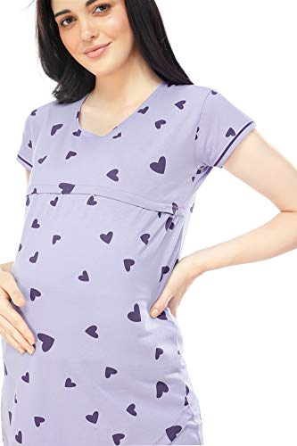 Image of ZEYO Women's Cotton Heart Printed Maternity & Feeding Relaxed Night Suit Set of Top & Pyjama Nursing Night Dress 5329 (Available in Plus Size)