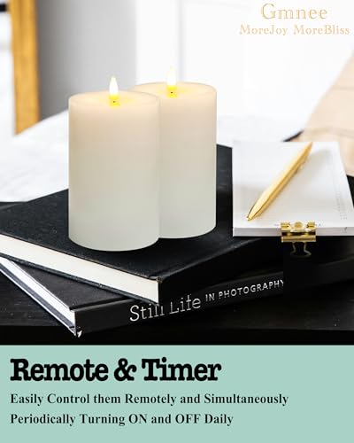 Image of Gmnee 4 inchx8 inch Flickering Flameless Candles with Remote Timer, Real Wax, White | 2 Pack 4 inch Diameter Extra-Large Pillar Candles, LED Candles, Battery Operated Candles for Table and Fireplace Decor (H 8 inch)