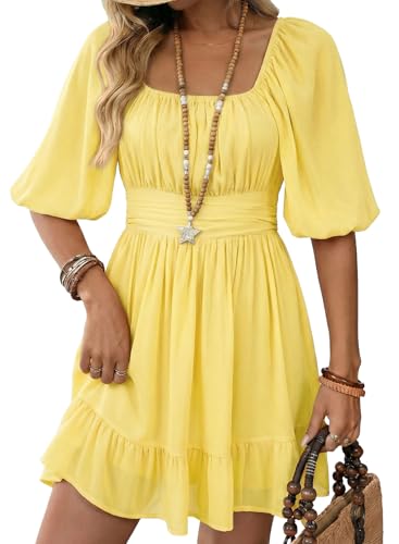 Dokotoo Women's Square Neck Yellow Dress Tie Back Off The Shoulder Dresses Lantern Sleeve Ruffle A-Line Dress Shirred Elastic Waist Casual Mini Dresses Beach Vacation Essentials Medium