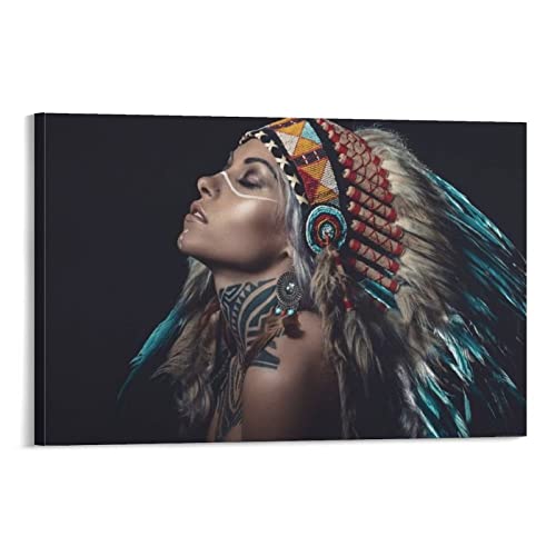 QITEX Tableaux Abstraits 40x60cm (Sans cadre) Poster d’art moderne Amérindien Fille Murale Art Indien Fille Art Plume Femmes Tableau Toile Imprimer Image...