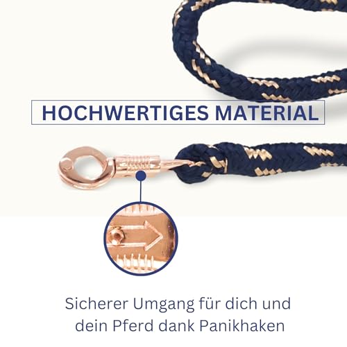 Führstrick Pferd mit Panikhaken Rosegold Pferde Strick Länge 2m viele Farben mit Glitzer (Dunkelblau-Gold)