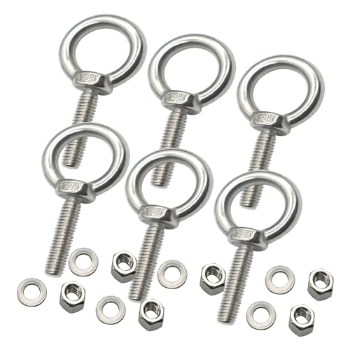 Image of Stainless M10 Eyebolt 0.71 inch(18mm) Short Bolt Eye Threaded Ring Lifting Shoulder Screw Hook with Nut Washer Locking as Anchor Point for Hanging,6 PCS