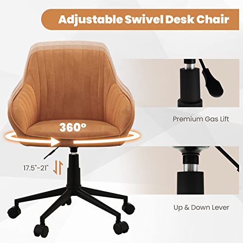 Giantex Leather Office Chair Brown, Mid Century Desk Chair With Wheels And Ergonomic Armrests, Adjustable Swivel Rolling Task Chair, Upholstered Leisure Arm Chair For Home Office Study Bedroom (1) #TOP4