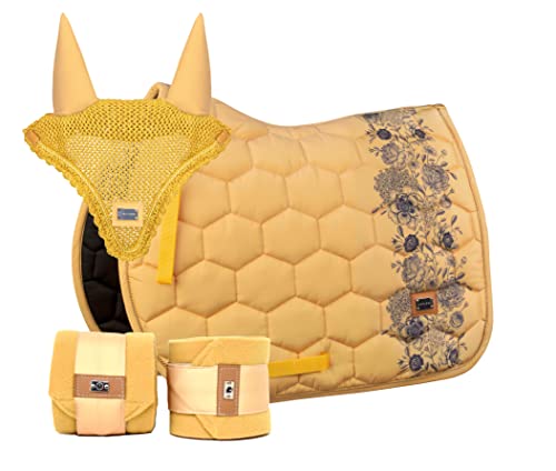 DotiBel NOVA - Juego de 3 piezas con vendajes y gorros, color amarillo miel, diseño de flores de tinta negra Cover