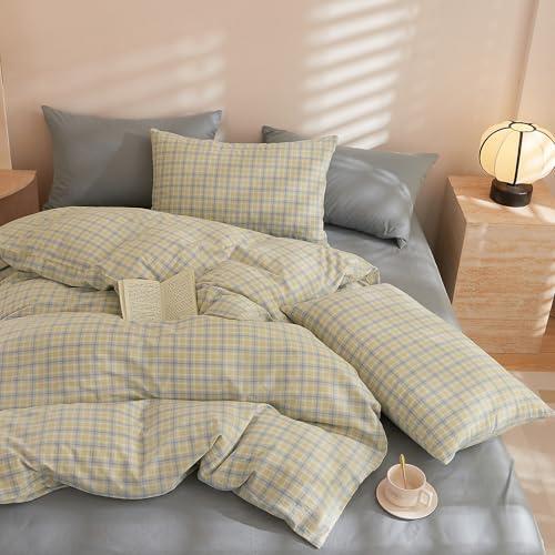EAVD Blue Yellow Gingham Comforter Set King Soft Modern Grid Plaid Comforter Set 3 Pieces Reversible Grid Checkered Pattern Bedding with 2 Pillowcases Farmhouse Gingham Bedding Set for All-Season by EAVD - Used condition - Image 6