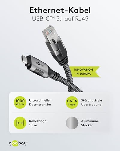 Goobay 70696 USB-C auf RJ45 Ethernet CAT 6 Kabel für stabile kabelgebundene Internetverbindung mit Router/Modem/Netzwerk Switch/Ersetzt USB auf RJ45 Adapter / 1 Gbit/s / 1 Meter