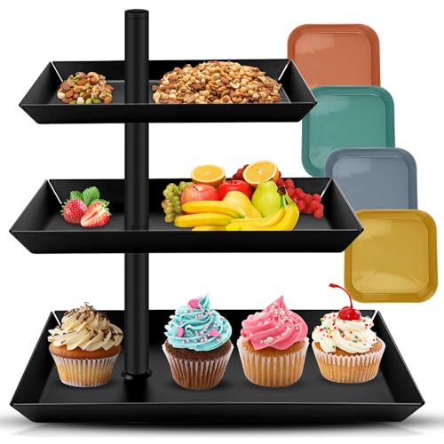GZhaizhuan Obst Etagere mit 3 Etagen, Schwarz Stahl Etagere 360° Drehbares Food Display Servierplatte für Dessert, Kuchen, Gebäck, Keks, Nuss, Obst, mit 4 Plastikpalette