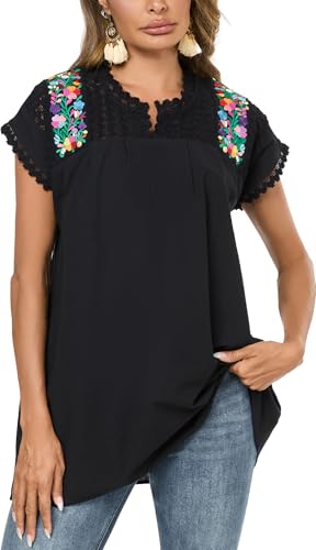 Mexican Shirts for Women Embroidered Tops Peasant Blouse Lace Tops White Short Sleeve Summer Floral V Neck T Shirt4