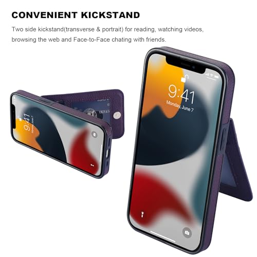 Image of KIHUWEY Compatible with iPhone 13 Case Wallet with Credit Card Holder, Premium Leather Magnetic Clasp Kickstand Heavy Duty Protective Cover for iPhone 13 6.1 inch (Lichee Dark Purple)