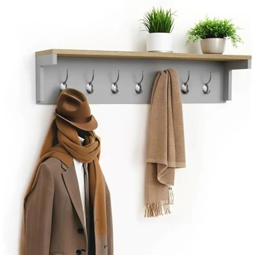 Image of Taylor & Brown Wall Mounted Coat Rack Shelf with 7 Double Hooks Entryway Coat Hanger 80cm Wall Floating Shelf Hat Rack for Hallway Kitchen Bedroom Bathroom (Grey)