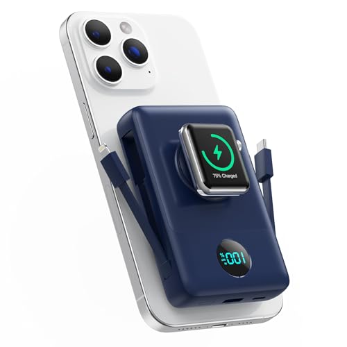 Magnético Power Bank con Cable Integrado para MagSafe, 10800mAh Bateria Externa Carga Rapida QC4.0+PD 25W USB C Inalámbrica Bateria Portatil con Pantalla LED para Apple Watch/iPhone 17/16/15/14/13/12