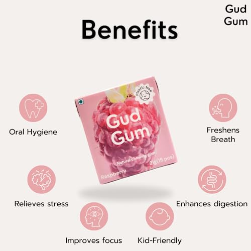 Image of Gud Gum- Natural, Plastic Free Chewing Gum- Pack of 2- No added artificial colours, flavours & sweeteners (Raspberry)