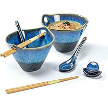 Henten Home 20 OZ Ramen Bowls Set, Ceramic Japanese Noodle Bowls Set of 2, Porcelain Deep Salad Bowl with Chopsticks for Udon, Reactive Glaze, Microwave Safe Blue A1