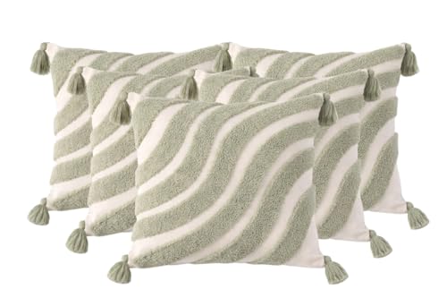Image of Cushion Cover Pack of 4 (16x16 Inches) | Cotton Textured Decorative Throw Pillow Case for Sofa Bed Living Room Tufted Cushion Cover with Tassels (Green)