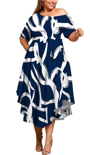 Image of Plus Size Women Wedding Guest Dress Off Shoulder Boat Neck Irregularly Flowy Midi Church Dress