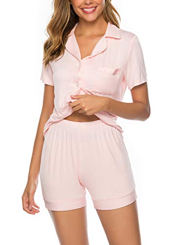 Image of Aamikast Button Up Pajama Set for Women Shorts Short Sleeve Knit Sleepwear 2 Pice Pjs Sets
