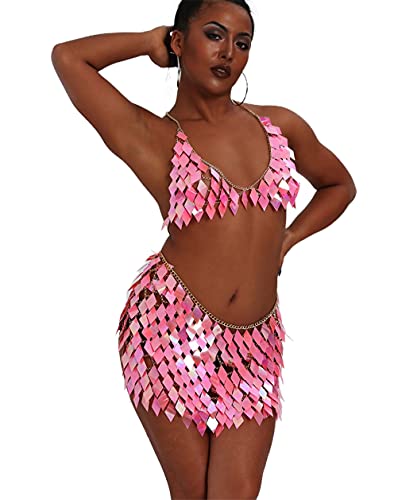 Fstrend Sequins Skirt Outfits Tassel Belly Dance Bra Hip Scarf Rave Festival Fringe Crop Top Skirts Set For Women And Girls(Pink) #TOP3