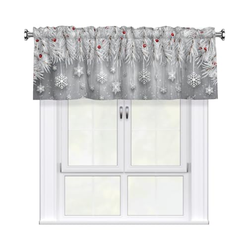 Evlaschin 1 Panel Winter Snowflakes Kitchen Valances for Window 54x18 Christmas Falling Silver Snow Short Rod Pocket Xmas Tree Red Berry Curtain Valance for Bathroom Living Room Decor