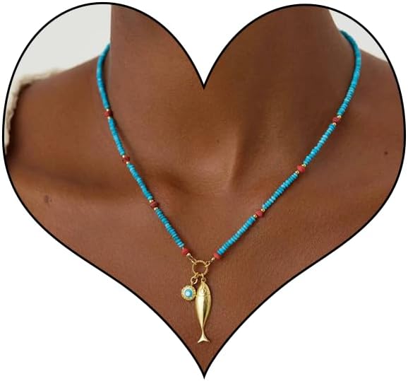 Fish Necklace for Women Gold Fish Pendant Beaded Layered Statement Necklace Beach Summer Ocean Jewelry