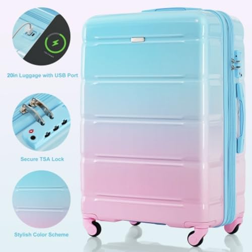 3-Piece Trolley Set, 20" with USB Port, Airline Certified Carry-On Luggage, ABS+PC Hard Shell Luggage with Spinner Wheels, Light Blue and Pink3