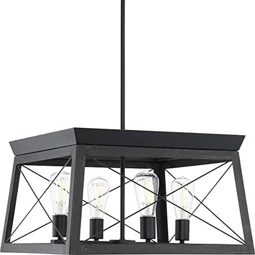 Image of Progress Lighting 4 Light Chandelier, Rustic Farmhouse Style Modern Hanging Light Fixture for Kitchen and Dining Room, Briarwood Collection, Textured Black