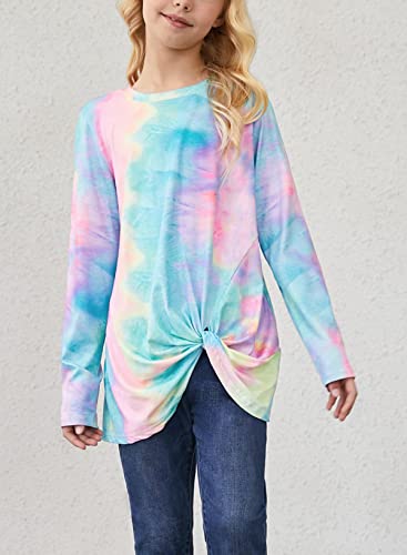 Dokotoo Tie Dye Sweatshirts For Girls Cute Neon Fall Long Sleeve Knot Front T Shirts For Teen Girls Casual Loose Crewneck Pullover Tops Blouses For Kids Birthday Light Blue Size 10-11 #TOP1