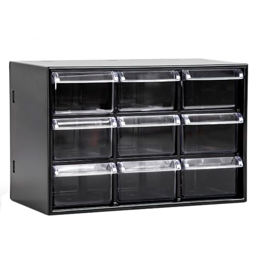 Tradineur   Organizador multiusos de plástico, 9 cajones, clasificador apilable, tornillos, tuercas, botones, piezas pequeñas, bricolaje, fabricado en España (Negro   18,5 x 10 x 12 cm)