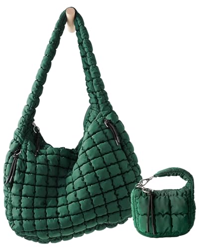 Image of Large Quilted Puffer Tote Bag for Women with Mini Pouch Puffy Crossbody Bags Purse Hobo Puff Shoulder Carryall Gym Travel