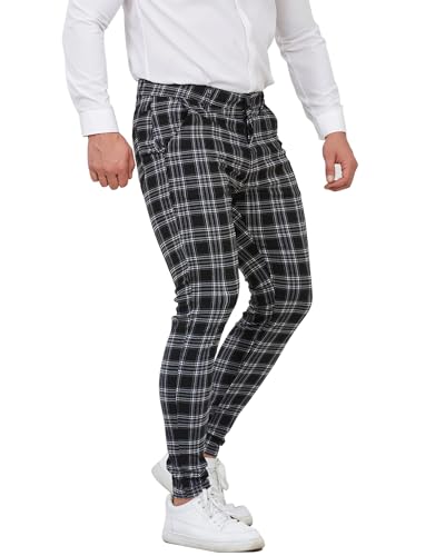 ALLELMS Mens Chinos Casual Pants Slim Fit Stretch Flat-Front Plaid Dress Black Pants for Men 34