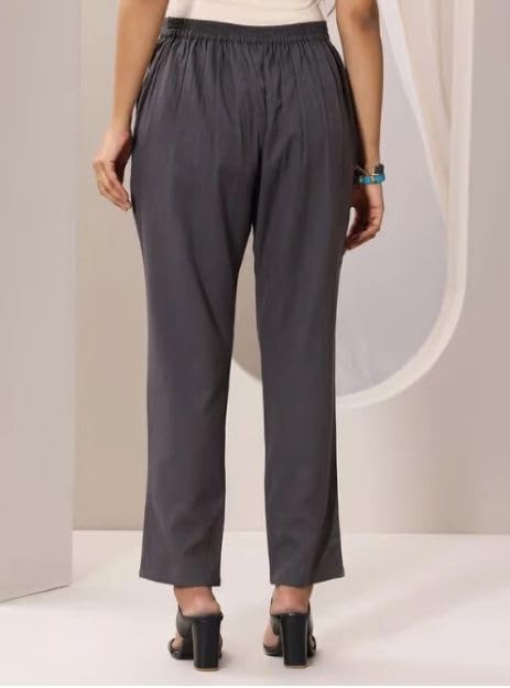 Image of D K W Women's Mid Rise Relaxed Fit Cotton Flex Trousers with Elastic Back & Drawstring - Ideal for Winter, Formal, Office & Casual Wear, Comfortable for Girls and Women