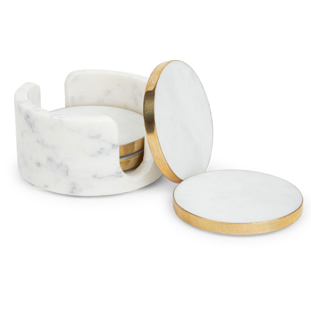 Dreamy Walls 4'' White Marble Coasters with Holder for Drinks, Tabletop & Coffee Table | Easy Clean, Non-Slip & Heat-Resistant, Party/Office/Home Decor | 4 Inches, Set of 4, Gold Brass Rim, Round