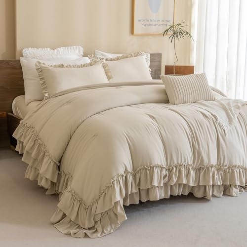 Image of QSH Shabby Ruffled Comforter Queen Size, Farmhouse Wheat Bedding Comforter Set, 3 Pieces Lightweight Vintage Rustic Soft Comforter Queen for Bed, All Season Microfiber Fully Bedding Sets
