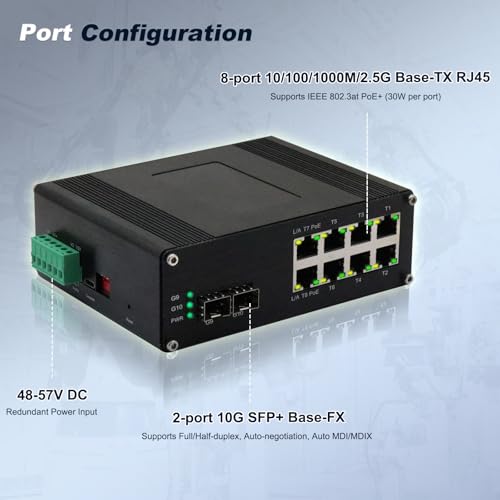 Image of Managed 8-Port 2.5G Switch with 2-Port 10G SFP+, Industrial IEEE 802.3af /at 30W PoE Ethernet Switch, 48~57VDC Power Input, Plug & Play, Support QoS, Vlan, IGMP