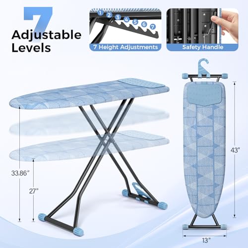 KINGBOARD Ironing Board with Silicon Iron Mat, Heavy Duty Leg 13x43 Blue | Compact Ironing Board with Heat Resistant Cover, Foldable Ironing Board Wall Mount Hanger, 7 Height Adjustable Standard Size - Image 3