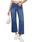 Vetinee Wide Leg Jeans for Women High Waisted Trendy Front Patch Pocket Flare Stretchy Denim Jean Pants Womens Capri Womens Wide Leg Cropped Jeans Darkness Blue Large Fits Size 12-14