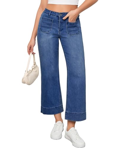 Vetinee Wide Leg Jeans for Women High Waisted Trendy Front Patch Pocket Flare Cropped Jeans Stretchy Denim Jean Pants