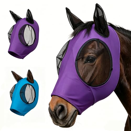 2 Stück Fliegenmaske Kleine und Mittlere Pferde Super Comfort Stretchy Horse Fly Mask mit Ohren & Schopfloch Elastisches Material atmungsaktiv leicht UV-Schutz Weich & Passgenau (Lila + Blau)