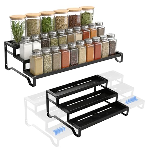 Expandable Spice Rack Organizer for Cabinet 3 Tier Spicy Shelf Black 1Pack | Adjustable Length 13″-21″, Easy to See Labels, Sturdy Metal, Slip-Resistant Guardrails for Jars, Cabinet & Countertop Storage