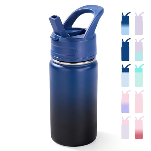 Fijinhom 12oz Kids Water Bottle for School, Toddler Bottles with Straws, Stainless Steel Vacuum Insulated Water Bottle for Boys&Girls, Leak-Proof, BPA-Free, Blue Black